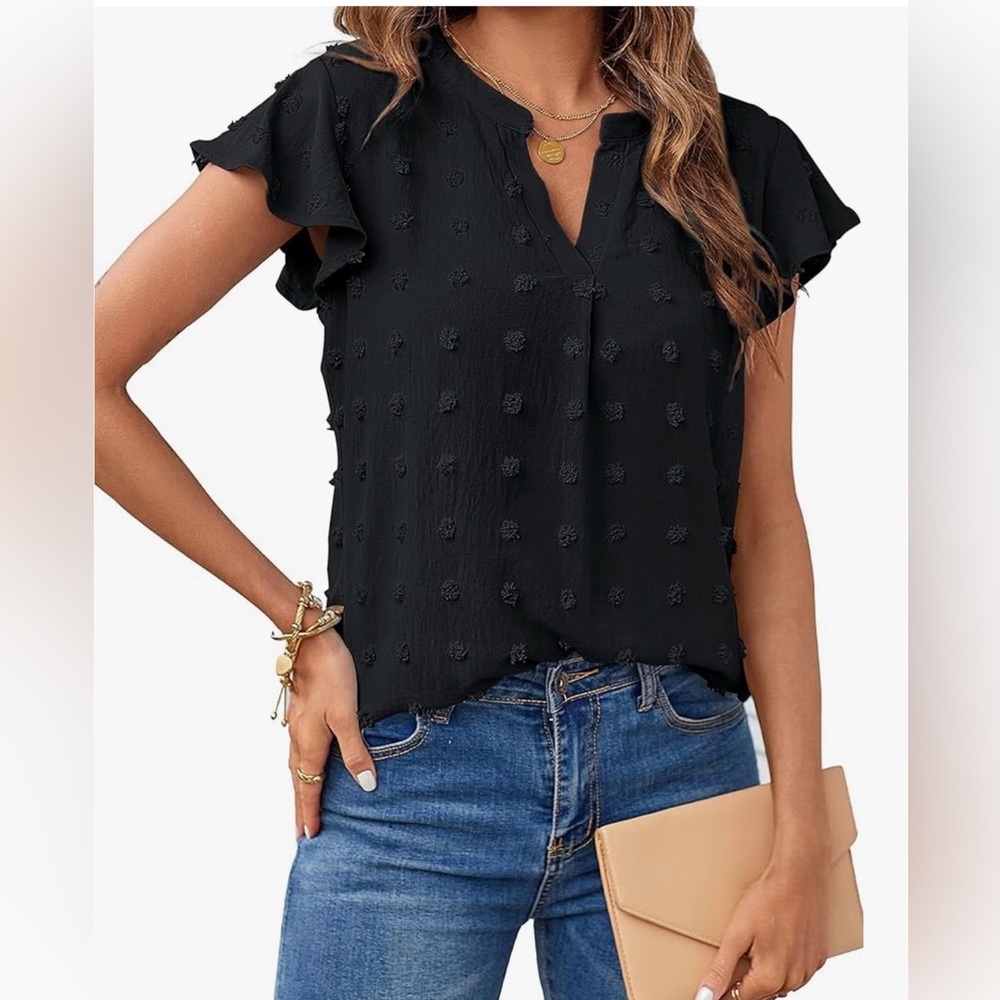 NWOT MEROKEETY Women 2025 Summer V Neck Ruffle Short Sleeve Blouse Swiss Dot